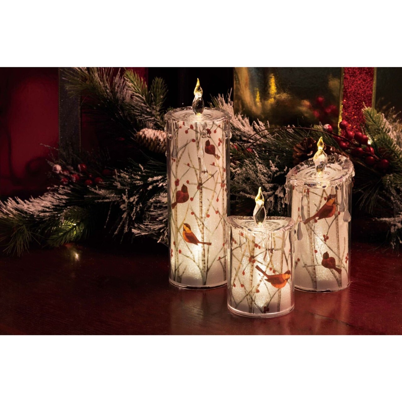 Icy Giftware LED Glitter Cardinal Candles - 10.5" - Brown and Red - Set of 6